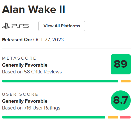 Alan Wake 2: Revelada a pontuação do Metacritic do jogo