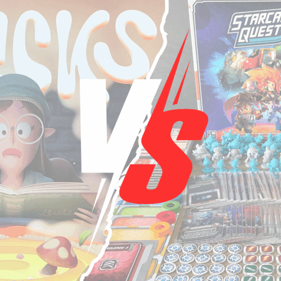 Capa comparando os jogos de tabuleiro Quacks of Quedlinburg e Starcadia Quest, destacando a disputa entre temática e mecânica.